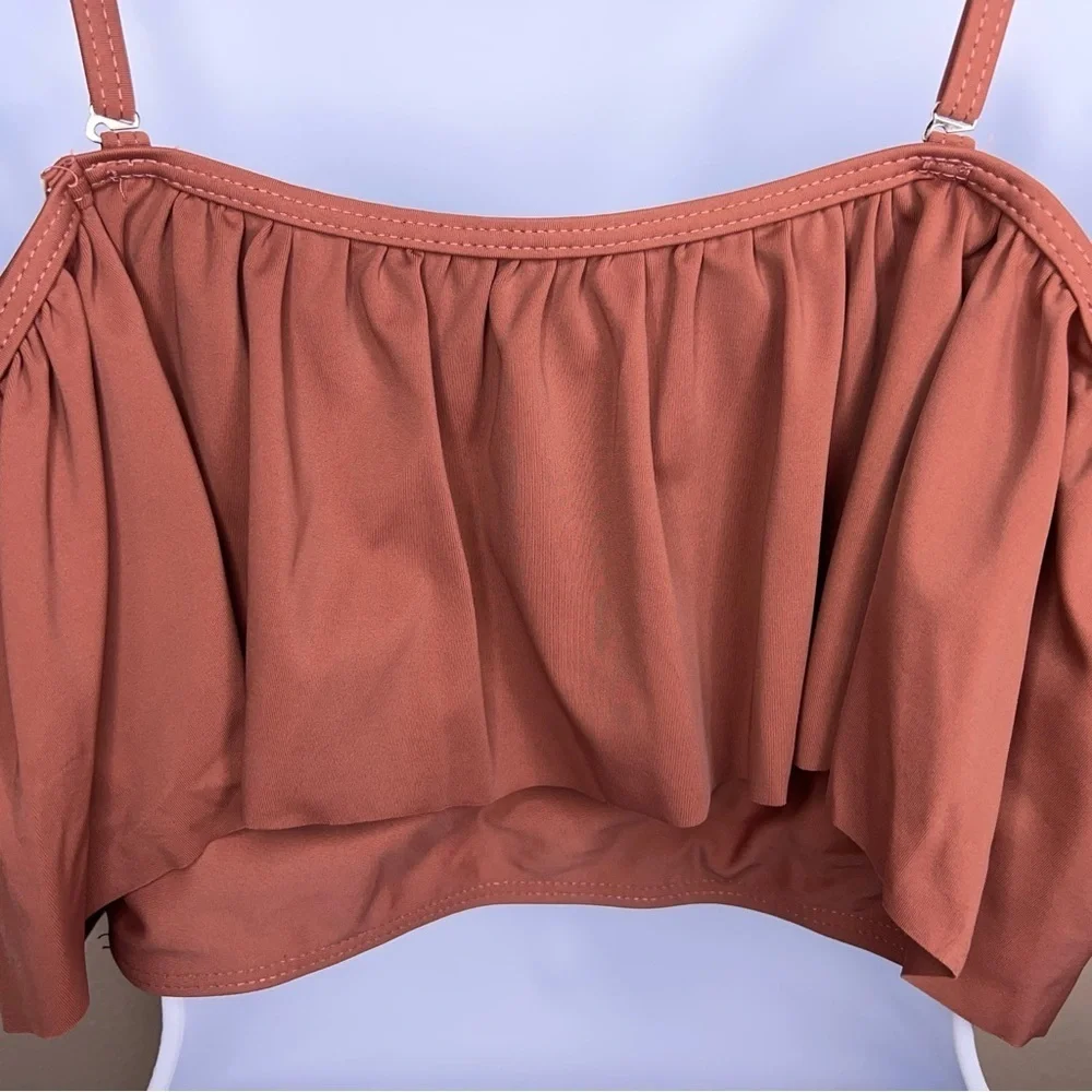 Large Tan Brown White Two Piece Swimsuit Womens Ruffle Top High Waist Striped